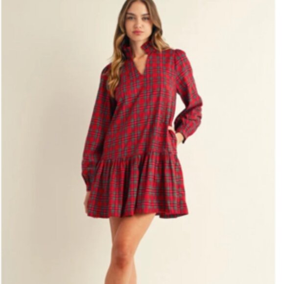 Jodifl Plaid Tartan Red Dress Ruffle Stand Collar Long Sleeve Tiered NWT Large - Picture 1 of 10
